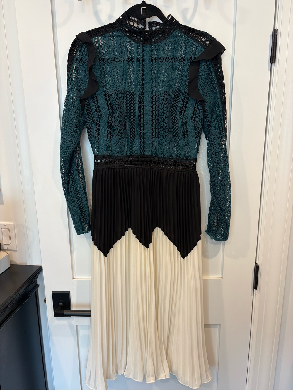 Self-Portrait Teal Lace, Black & Cream Pleated Midi Skirt Dress